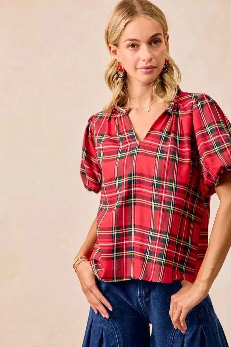 BiBi Christmas Plaid Short Sleeves Ruffled Blouse
