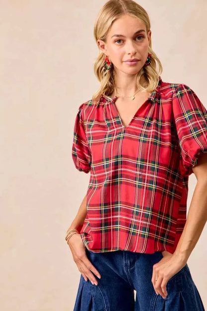 BiBi Christmas Plaid Short Sleeves Ruffled Blouse
