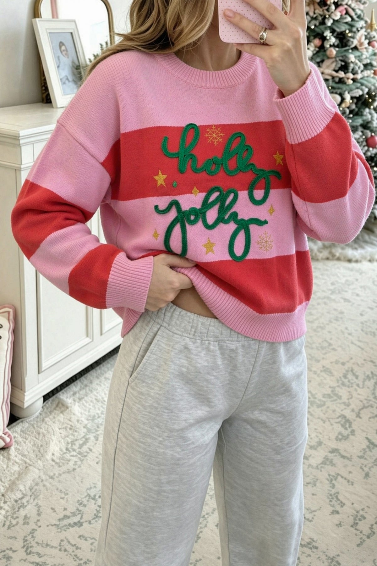 Striped Holly Jolly Sequin Christmas Sweater