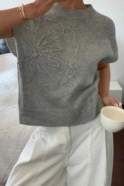 Flower Pattern Ribbed Trim Short Sleeve Boxy Sweater