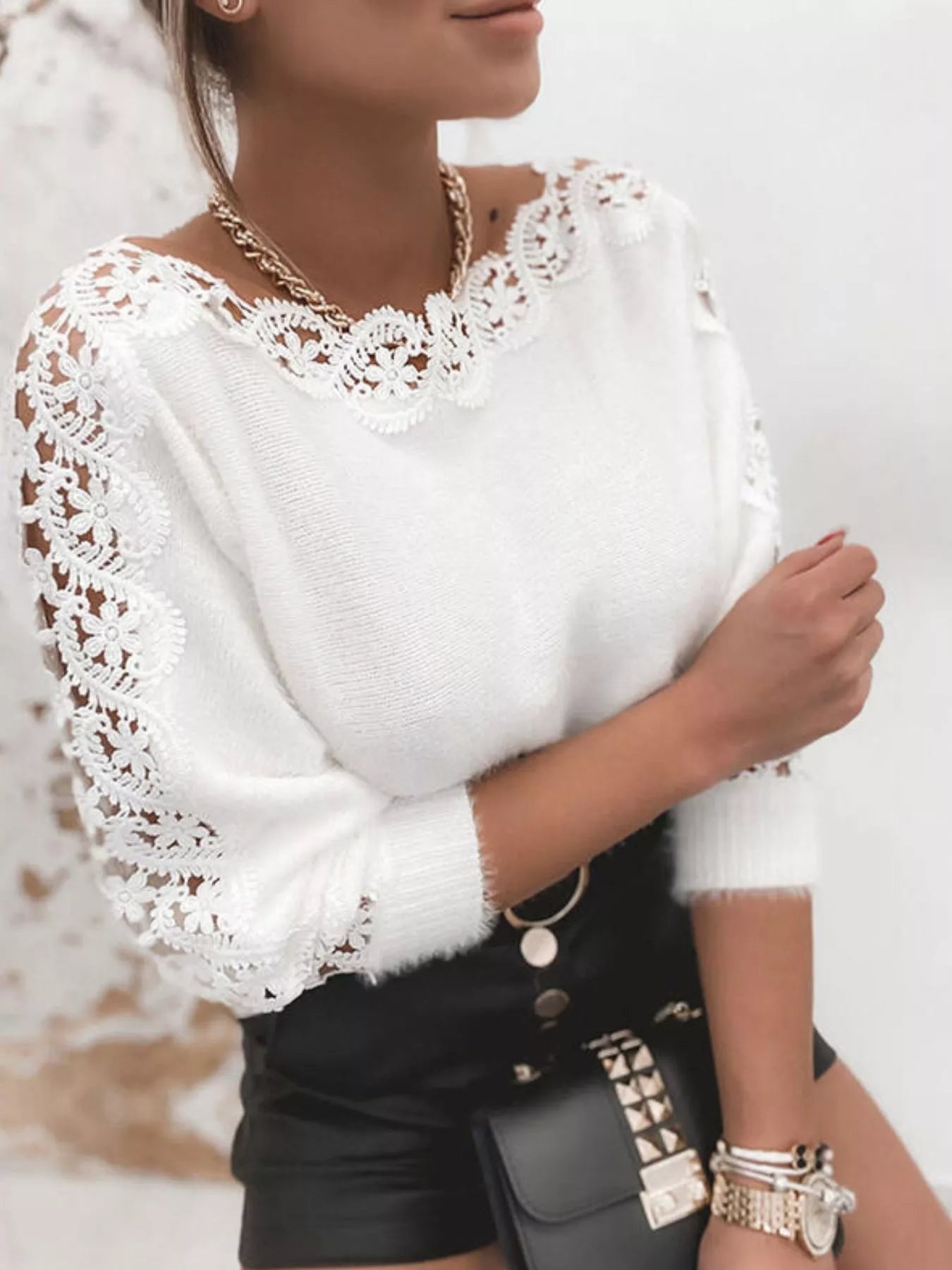 Lace Trim Long Sleeve Blouse