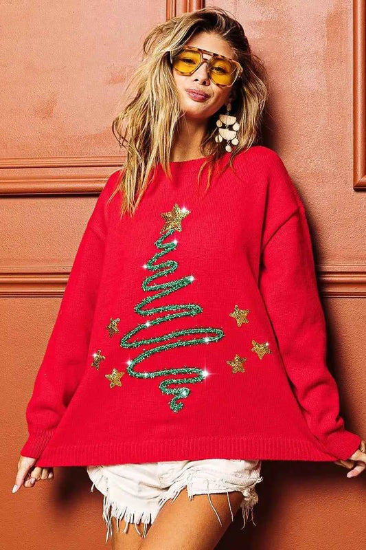 BiBi Sequin Star Tinsel Christmas Sweater