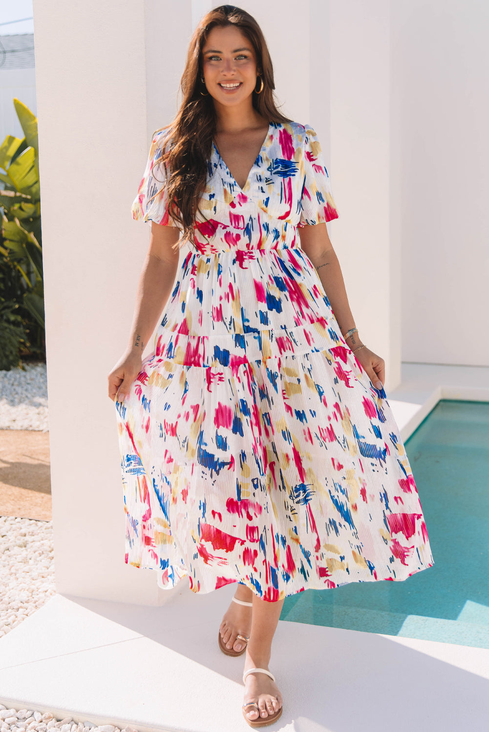 Abstract Print Puff Sleeve Tiered Maxi Dress – V-Neck High Waist