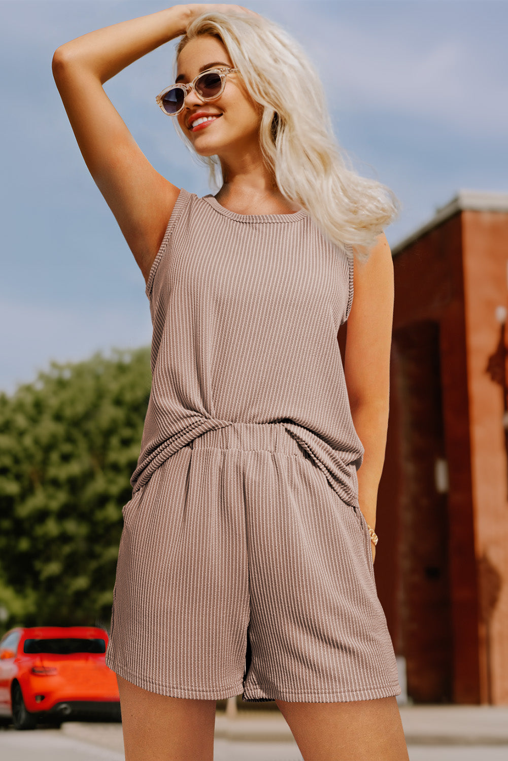 Smoke Gray Corded Sleeveless Short Outfit
