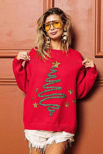 BiBi Sequin Star Tinsel Christmas Sweater