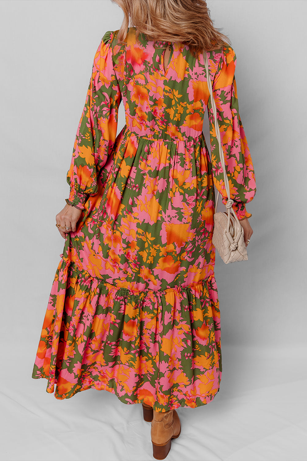 Chestnut Floral Puff Sleeve Smocked Bodice Ruffled Long Dress