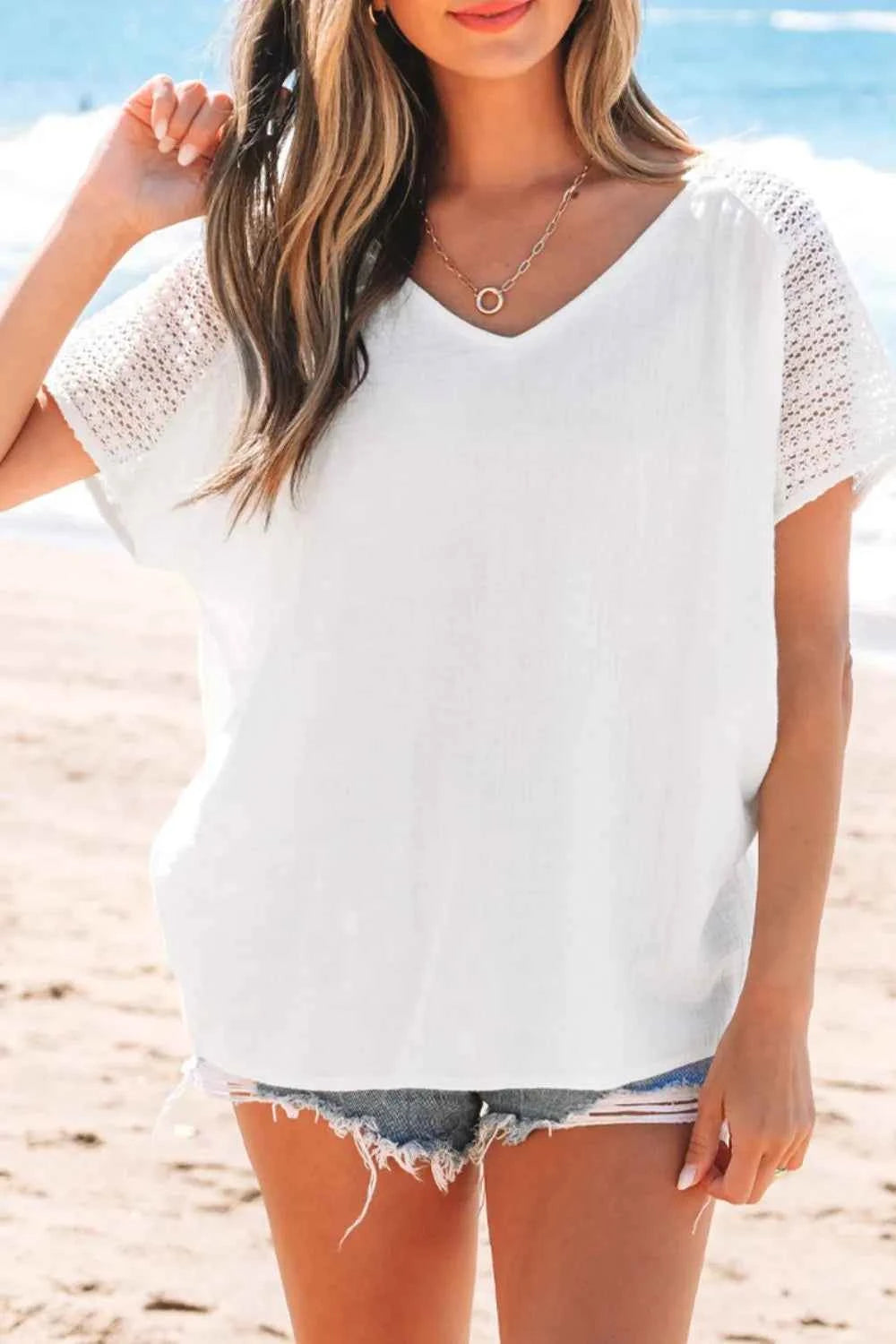 Lace Crochet Textured Button Back V Neck T Shirt
