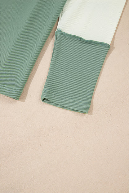 Mint Green Ribbed Colorblock Patchwork Raglan Long Sleeve Women's Top - The Eggy's store