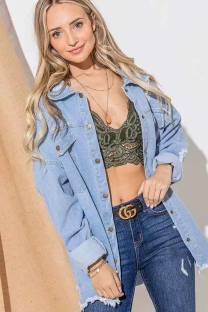 And The Why Button Front Flap Pocket Ripped Denim Jacket
