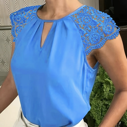 Women's Summer Blouse with Lace Buttonhole Collar