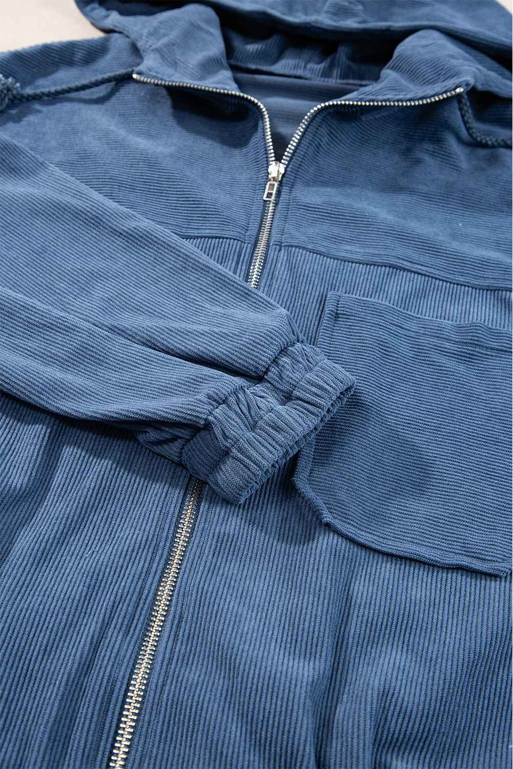 Solid Corduroy Zip-Up Pocketed Hooded Jacket
