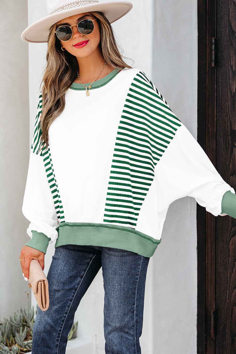 Stripe Colorblock Patchwork Contrast Stitch Sweatshirt