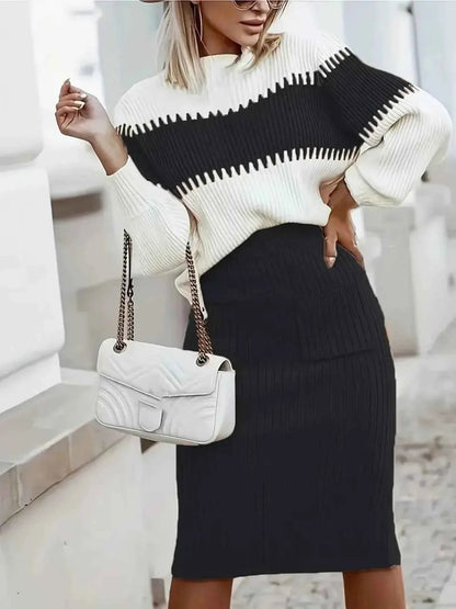 Two-Tone Ribbed Knit Top and Skirt Sweater Set