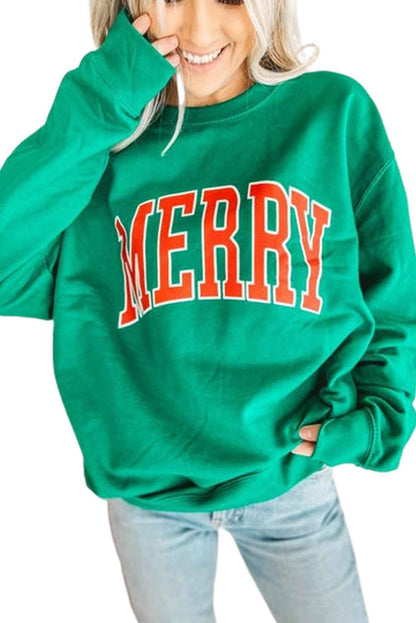 Green MERRY Print Drop Sleeve Pullover Women's Sweatshirt