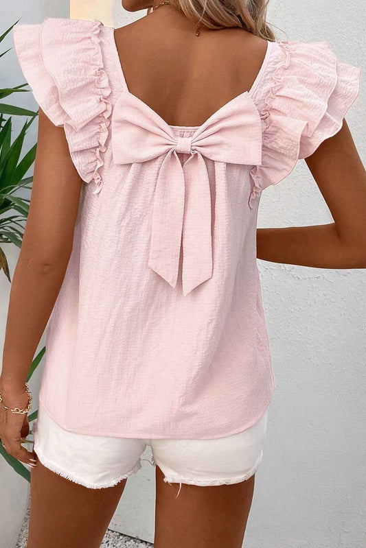 Gossamer Pink Textured Bow Frilled Ruffle Sleeve Blouse