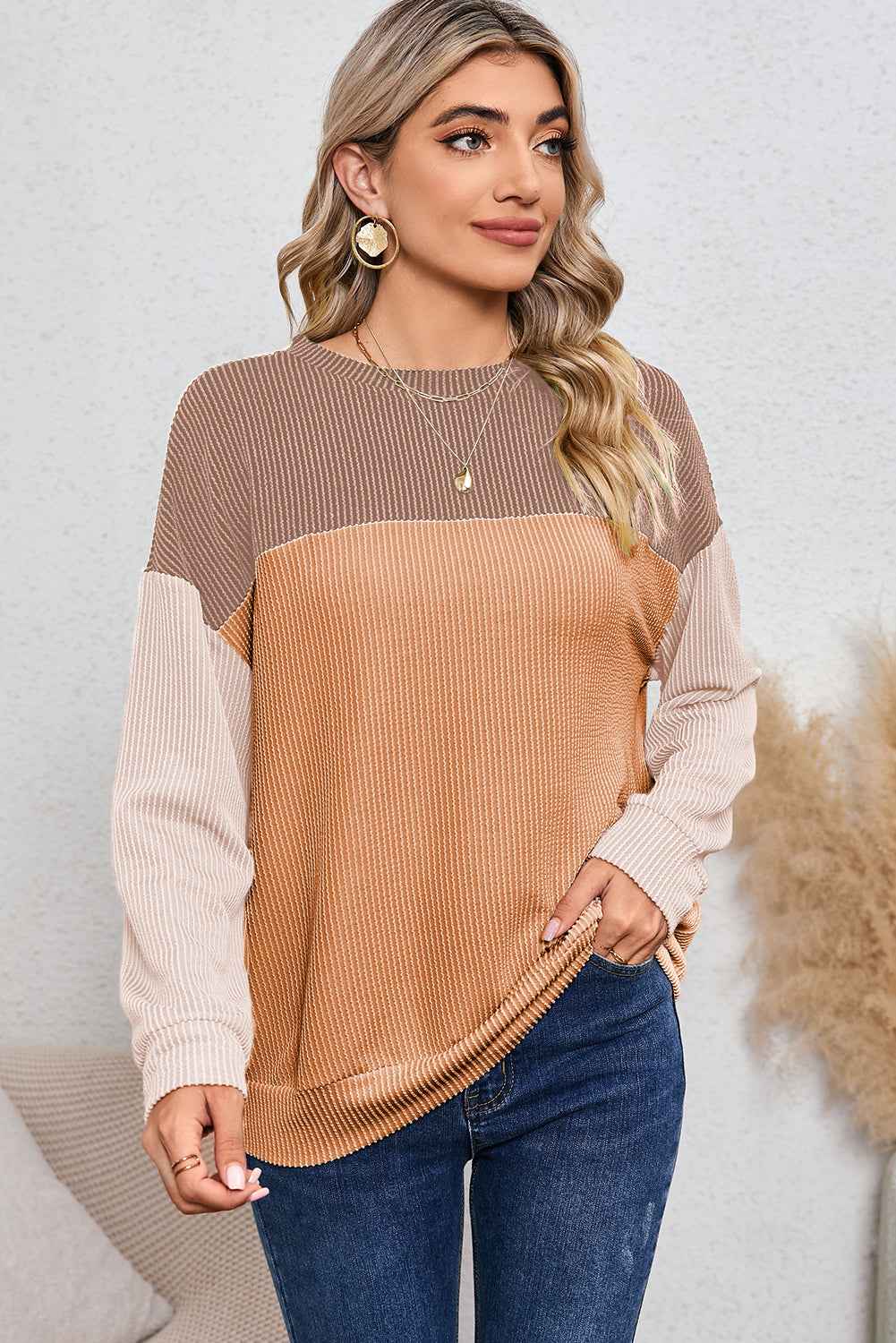 Khaki Color Block Ribbed Loose Long Sleeve Women's Top