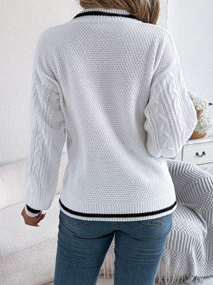V-Neck Cable Knit Long Sleeve Sweater