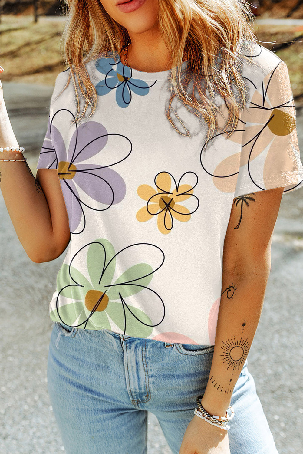 Beige Summer Flower Print Round Neck T-Shirt
