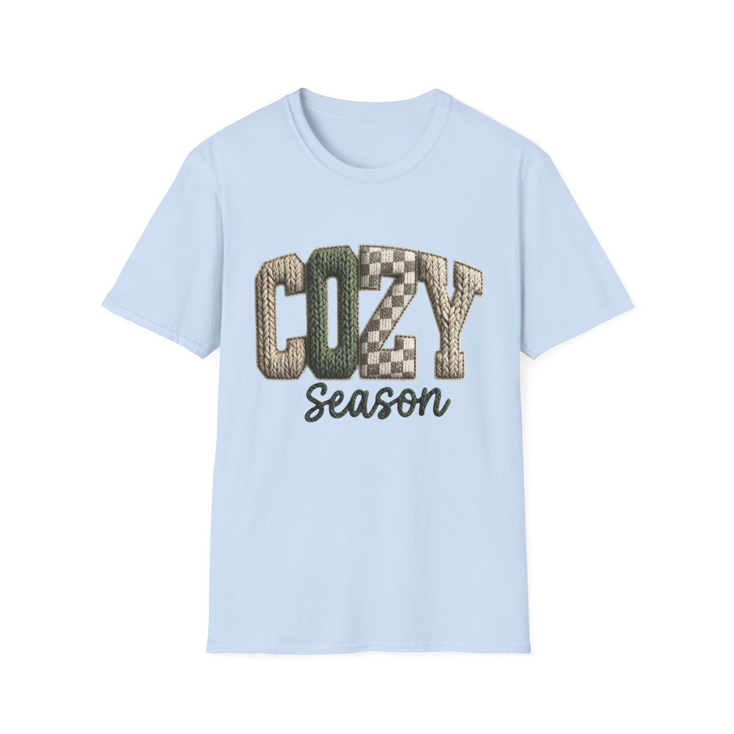 Cozy Season Women's T-Shirt — Plaid Knit Lettering Fall Graphic Tee