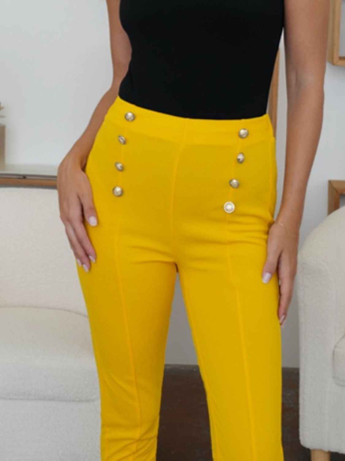 Chic High-Waist Button Detail Skinny Women's Pants