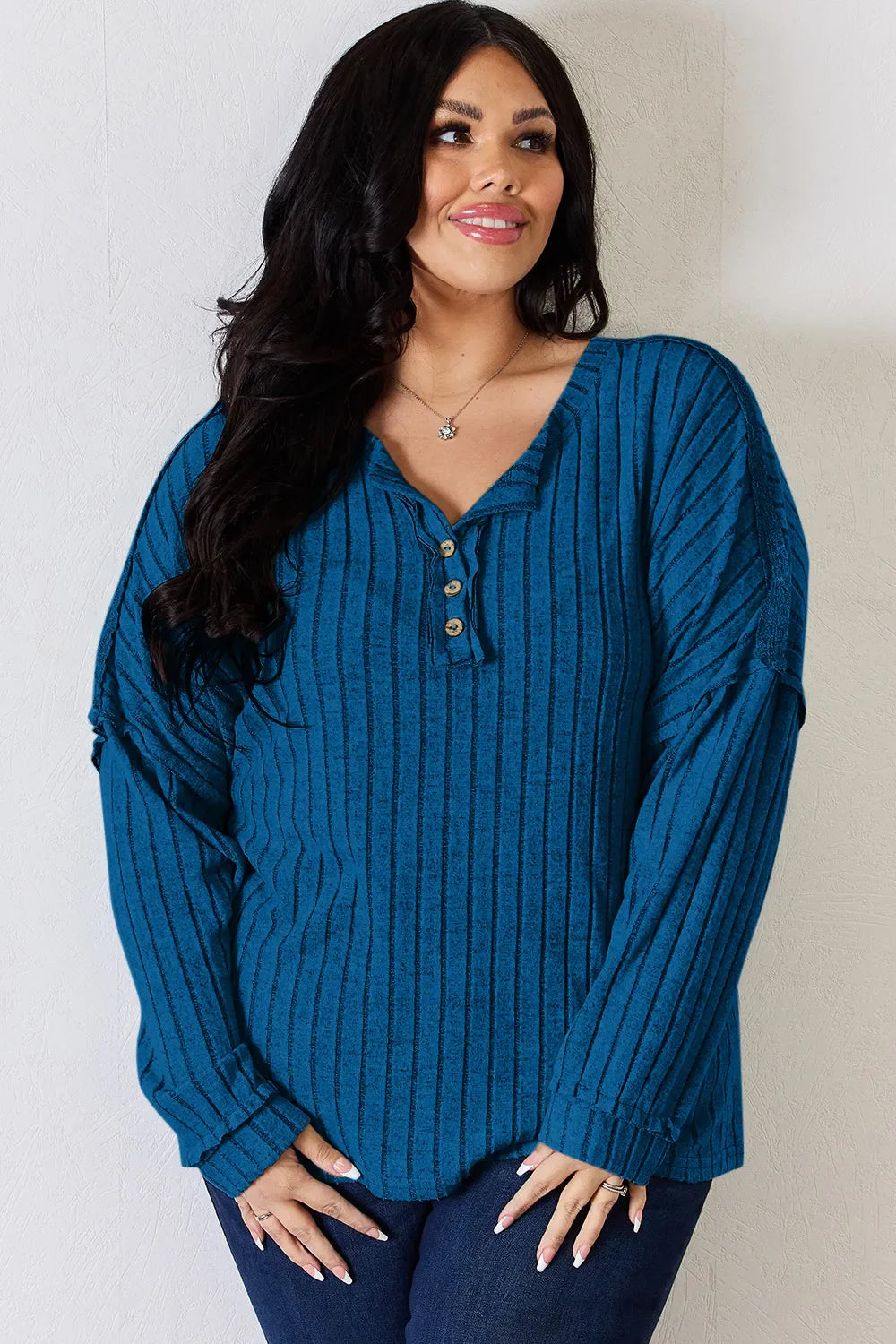 Basic Bae Full Size Ribbed Half Button Long Sleeve Women's T-Shirt - The Eggy's store