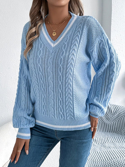 V-Neck Cable Knit Long Sleeve Sweater