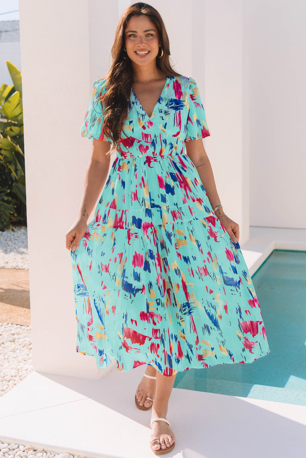 Abstract Print Puff Sleeve Tiered Maxi Dress – V-Neck High Waist