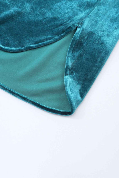 Green Frilled Neck Buttoned Front Velvet Wome Top