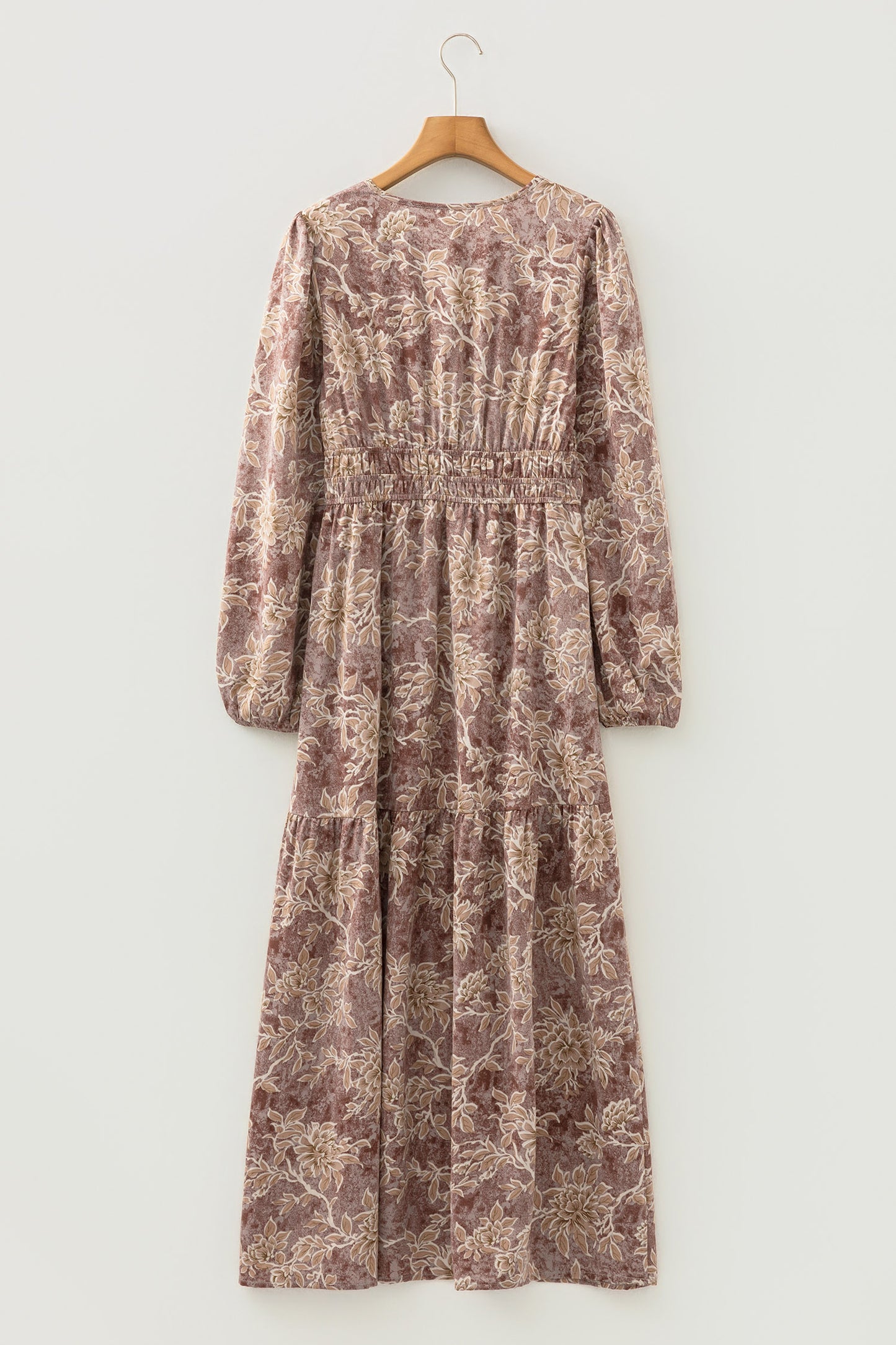 Sky Blue Floral Smocked High Waist Long Sleeve Maxi Dress