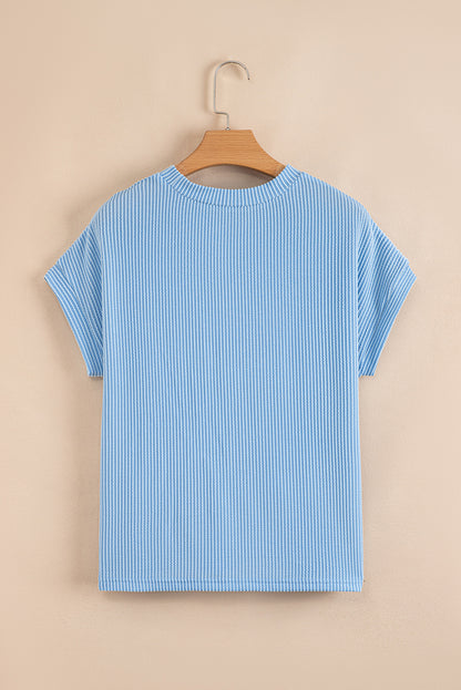Light Blue Corded Color block Pocket Crew Neck Women's T Shirt - The Eggy's store