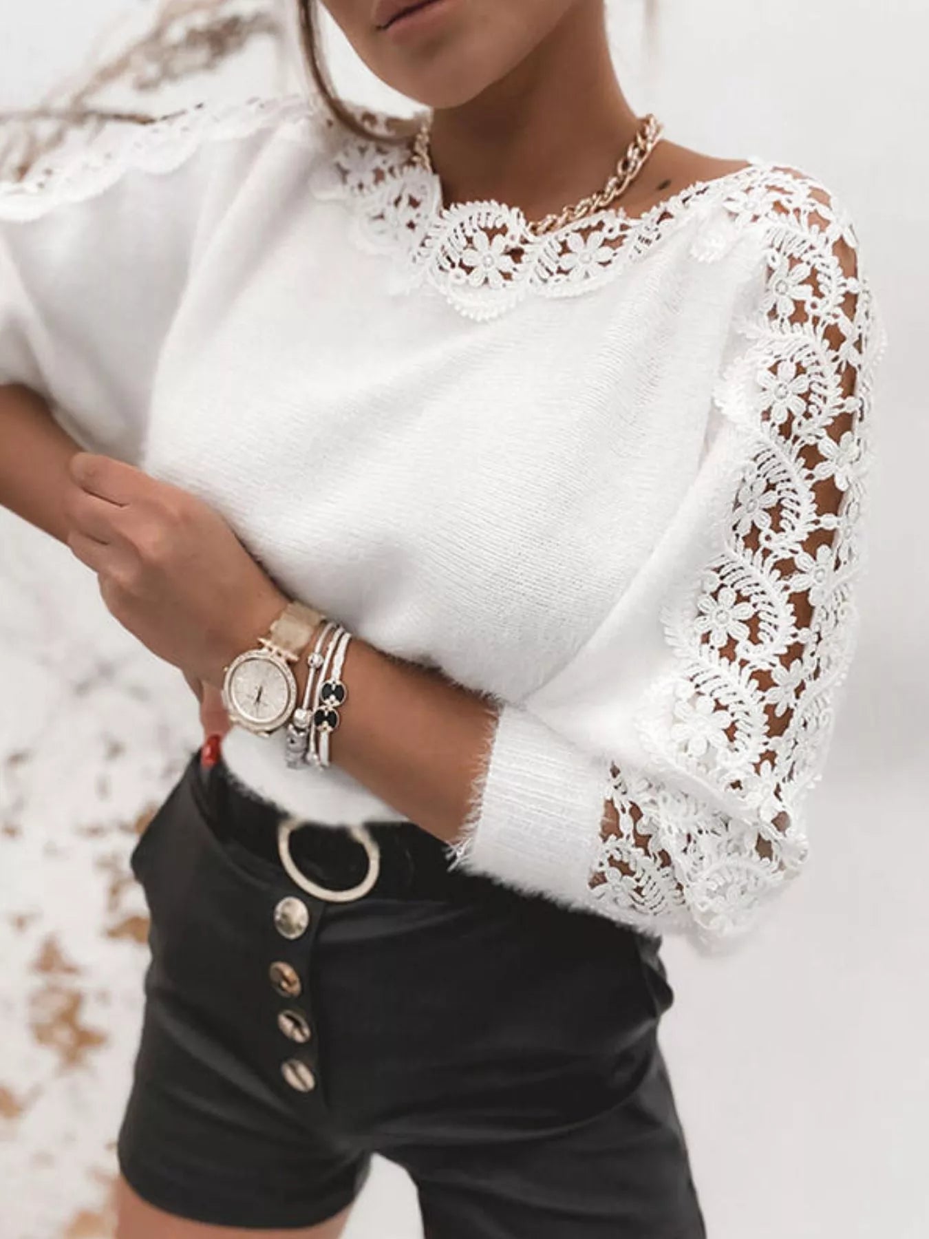 Lace Trim Long Sleeve Blouse