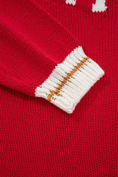Fiery Red Merry Pattern Colorblock Edge Drop Shoulder Cozy Sweater