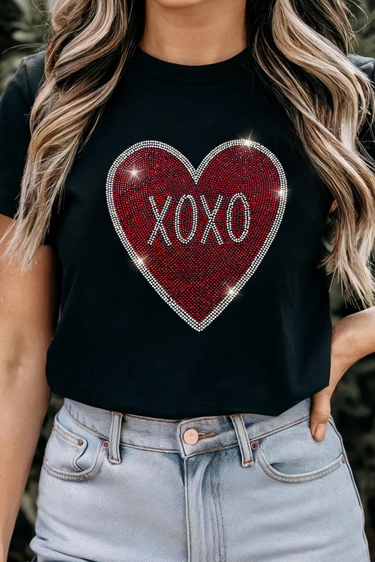Black Rhinestone XOXO Heart Graphic Crewneck T-Shirt