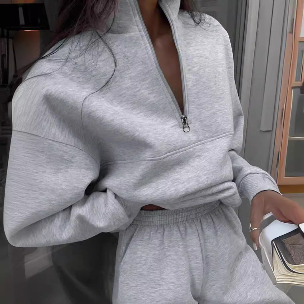 Long-sleeved Sports Sweatsuit Stand-up Collar Zip-up Top And Elastic Band Trousers With Pocket - The Eggy's store