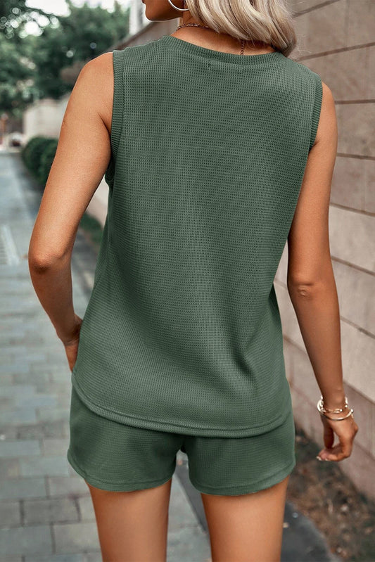 Mist Green Waffle Knit Patched Pocket Two-Piece Set