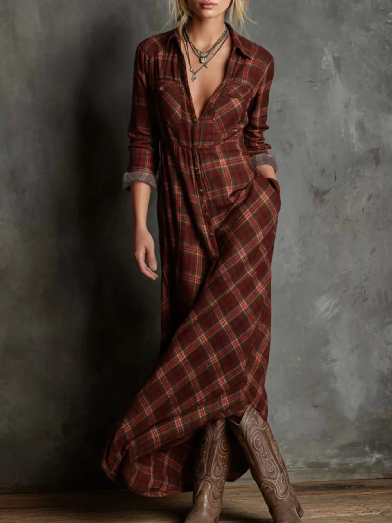 Plus Size Plaid Button-Down Maxi Dress