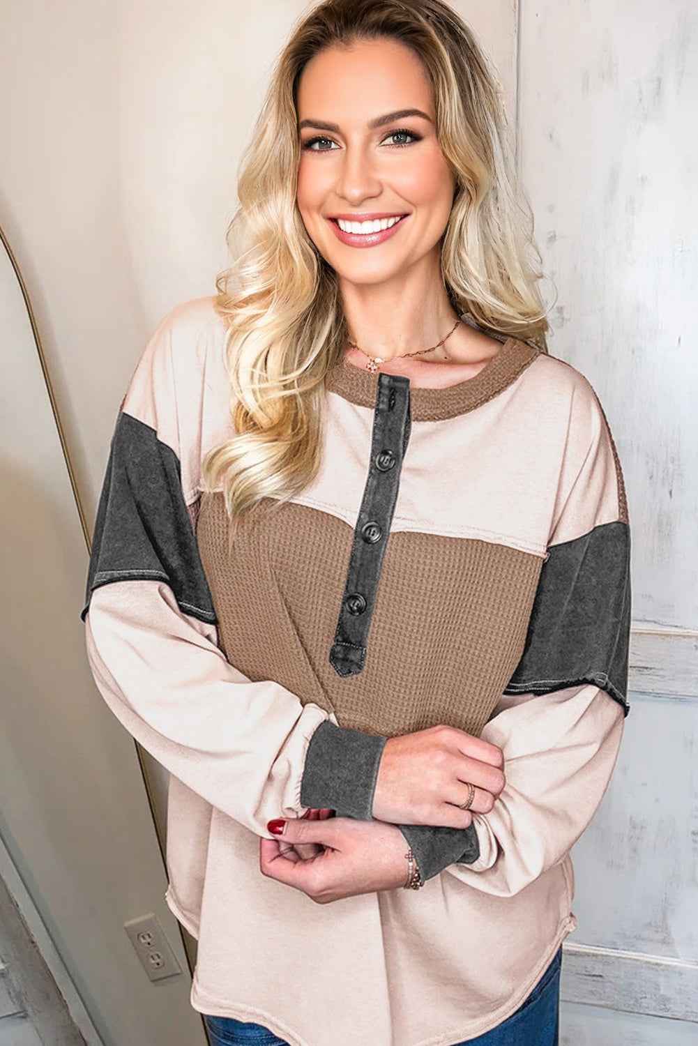 Colorblock Waffle Knit Patchwork Henley Top
