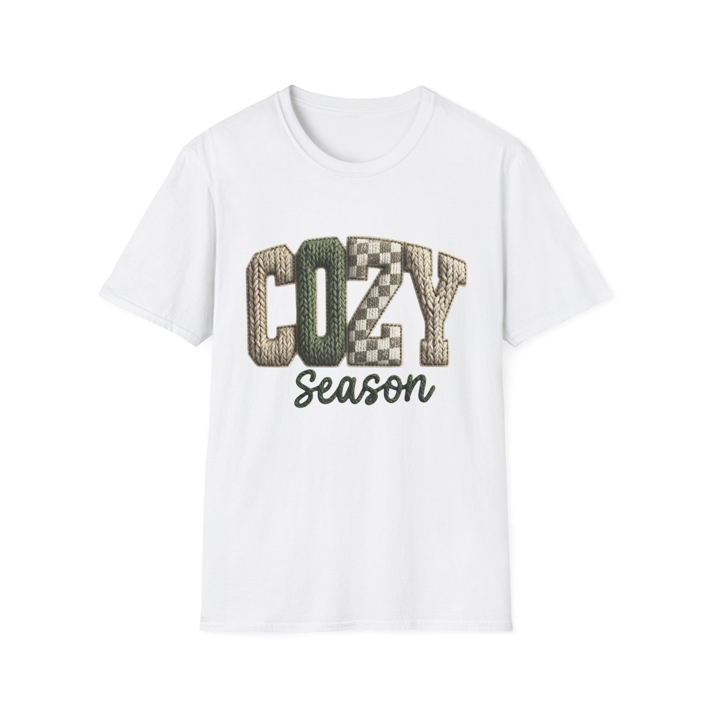 Cozy Season Women's T-Shirt — Plaid Knit Lettering Fall Graphic Tee