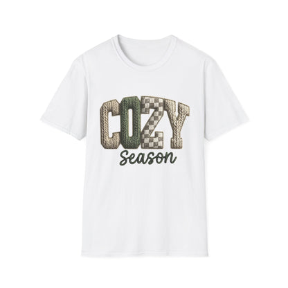 Cozy Season Women's T-Shirt — Plaid Knit Lettering Fall Graphic Tee