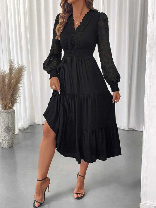Lace Detail Lantern Sleeve Tiered Dress