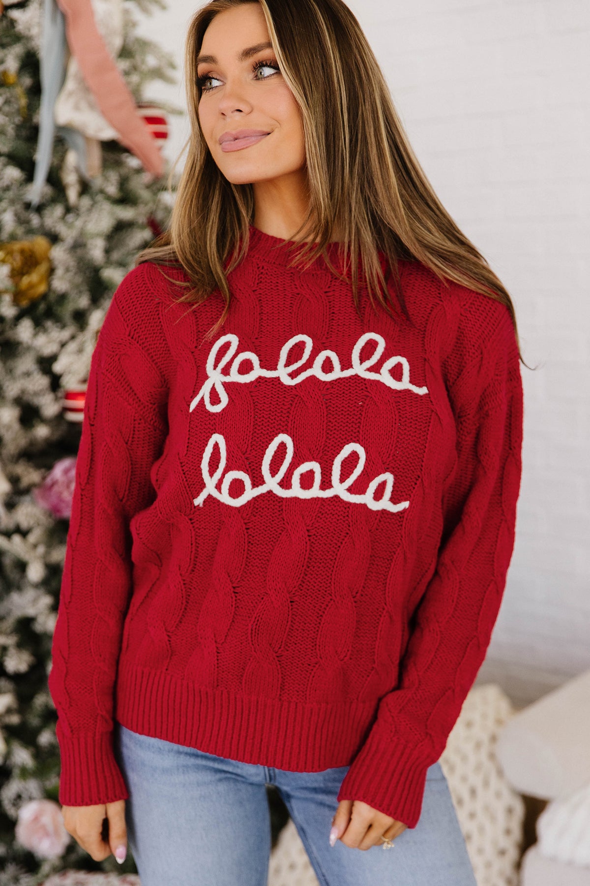 Fiery Red Fa La La Cable Knit Christmas Sweater