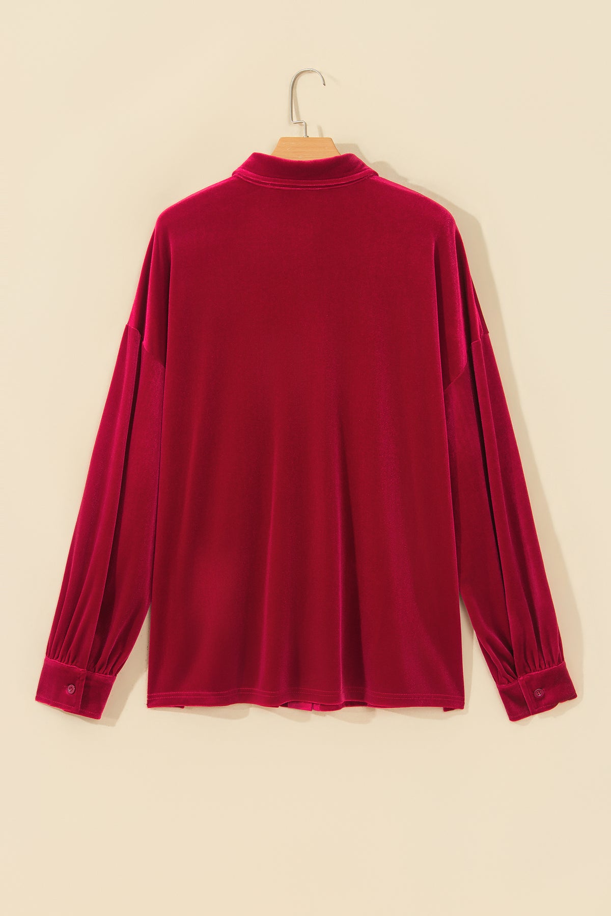 Fiery Red Soft Velvet Patch Pocket Button Down Loose Blouse