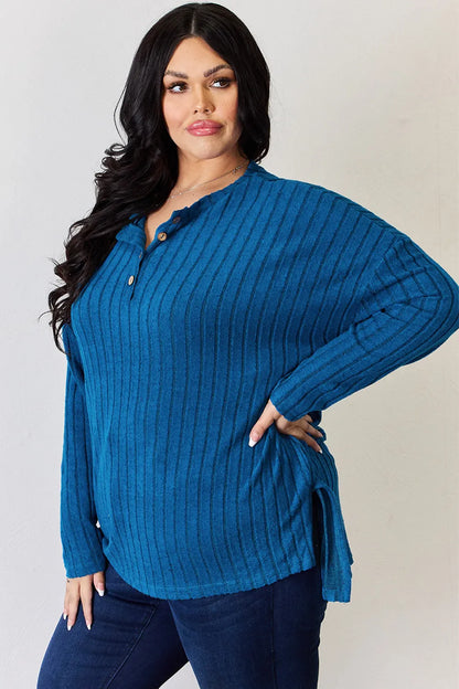 Basic Bae Full Size Ribbed Half Button Long Sleeve High-Low Women's T-Shirt - The Eggy's store