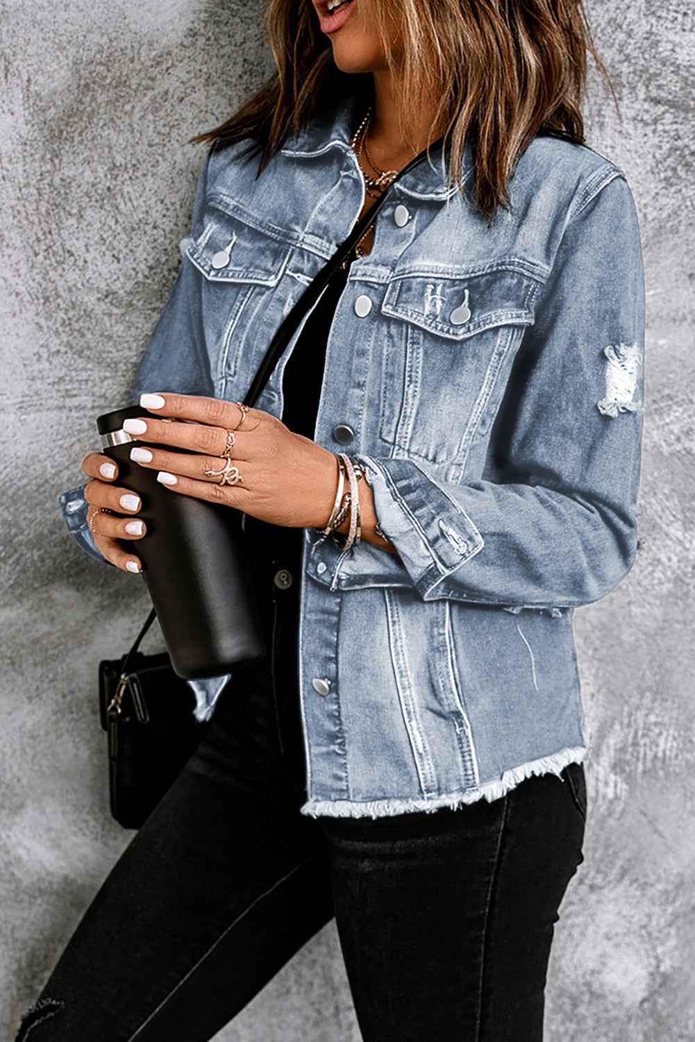 Denim Lapel Distressed Raw Hem Buttoned Jacket