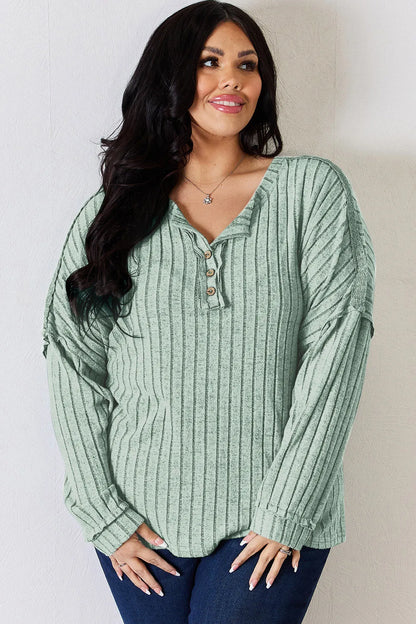 Basic Bae Full Size Ribbed Half Button Long Sleeve Women's T-Shirt - The Eggy's store