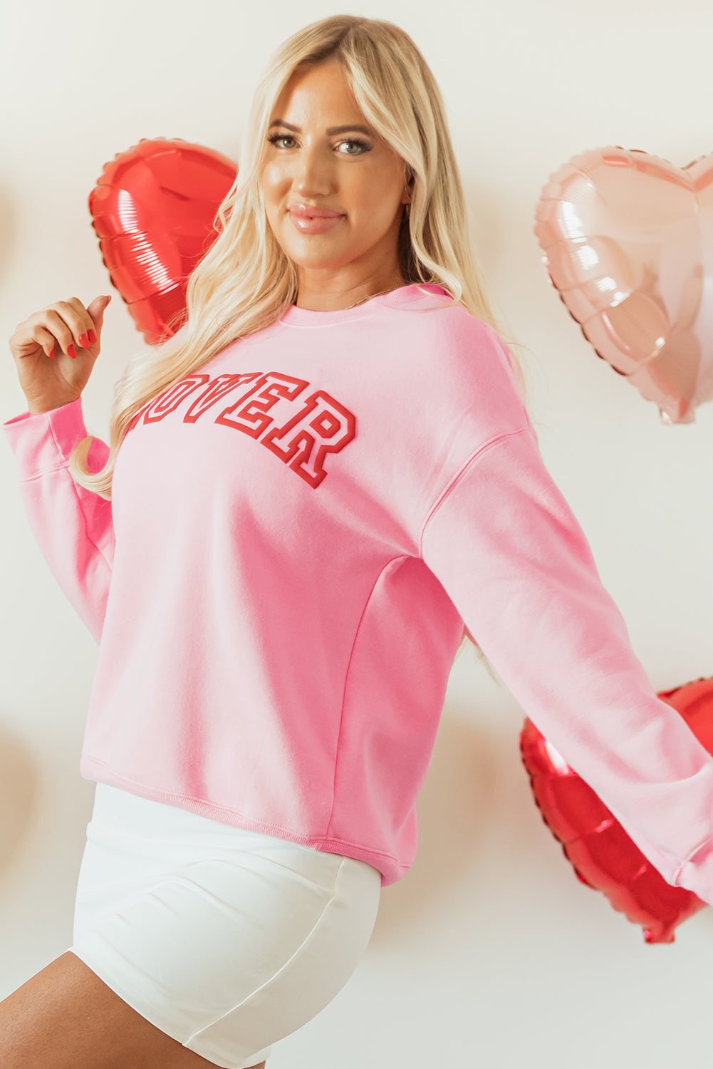 Pink LOVER Puff Print Drop Shoulder Pullover Women's Sweatshirt