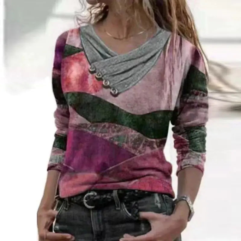 Printed Long-Sleeved V-Neck T-Shirt Top