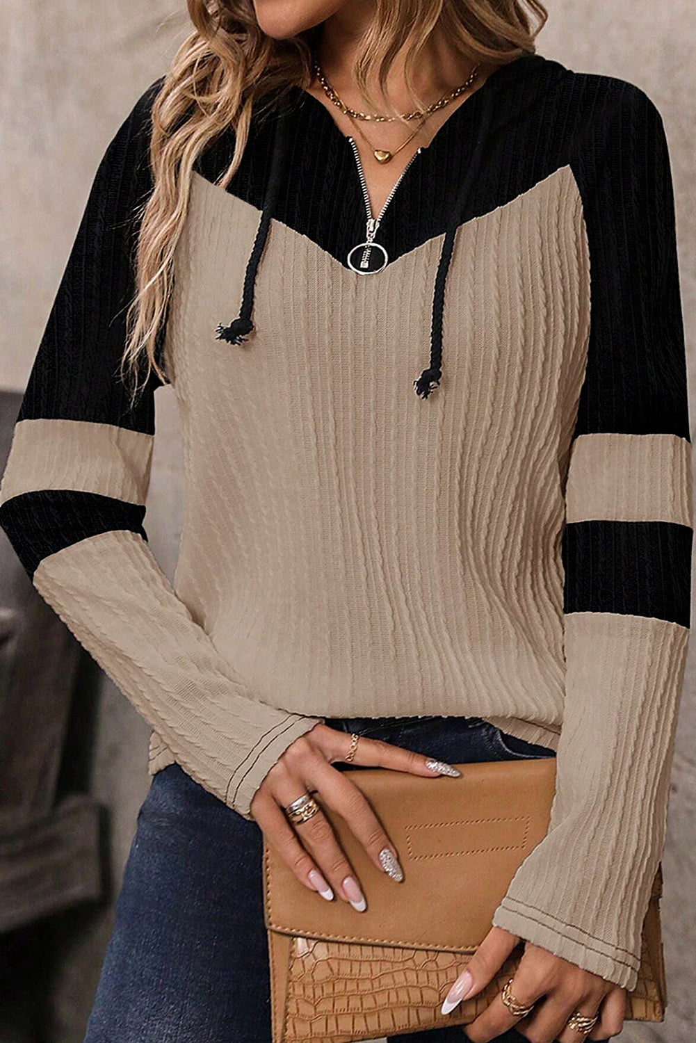 Parchment Textured Colorblock Long Sleeve Quarter Zip Drawstring Hooded Sweatshirt