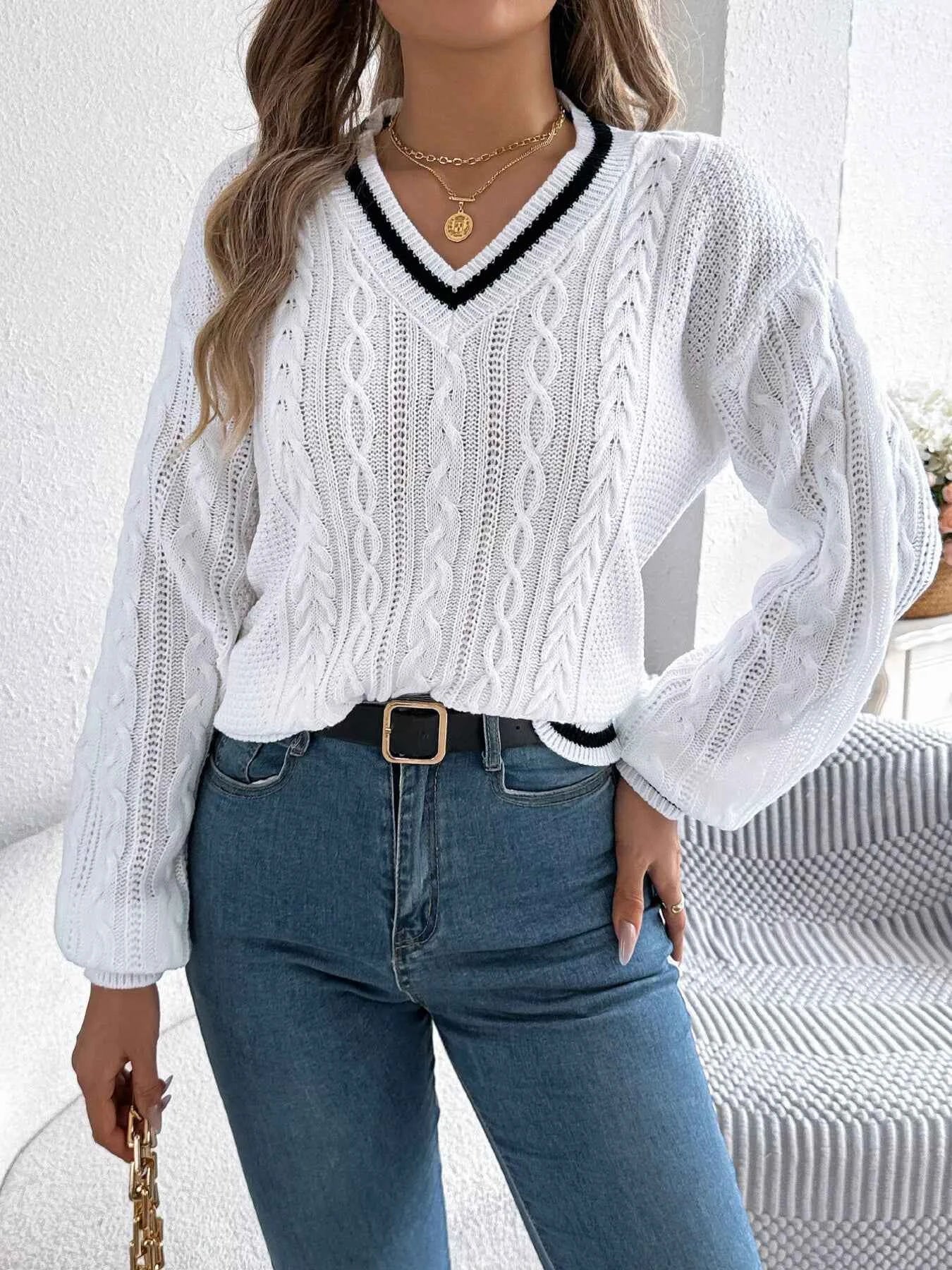 V-Neck Cable Knit Long Sleeve Sweater