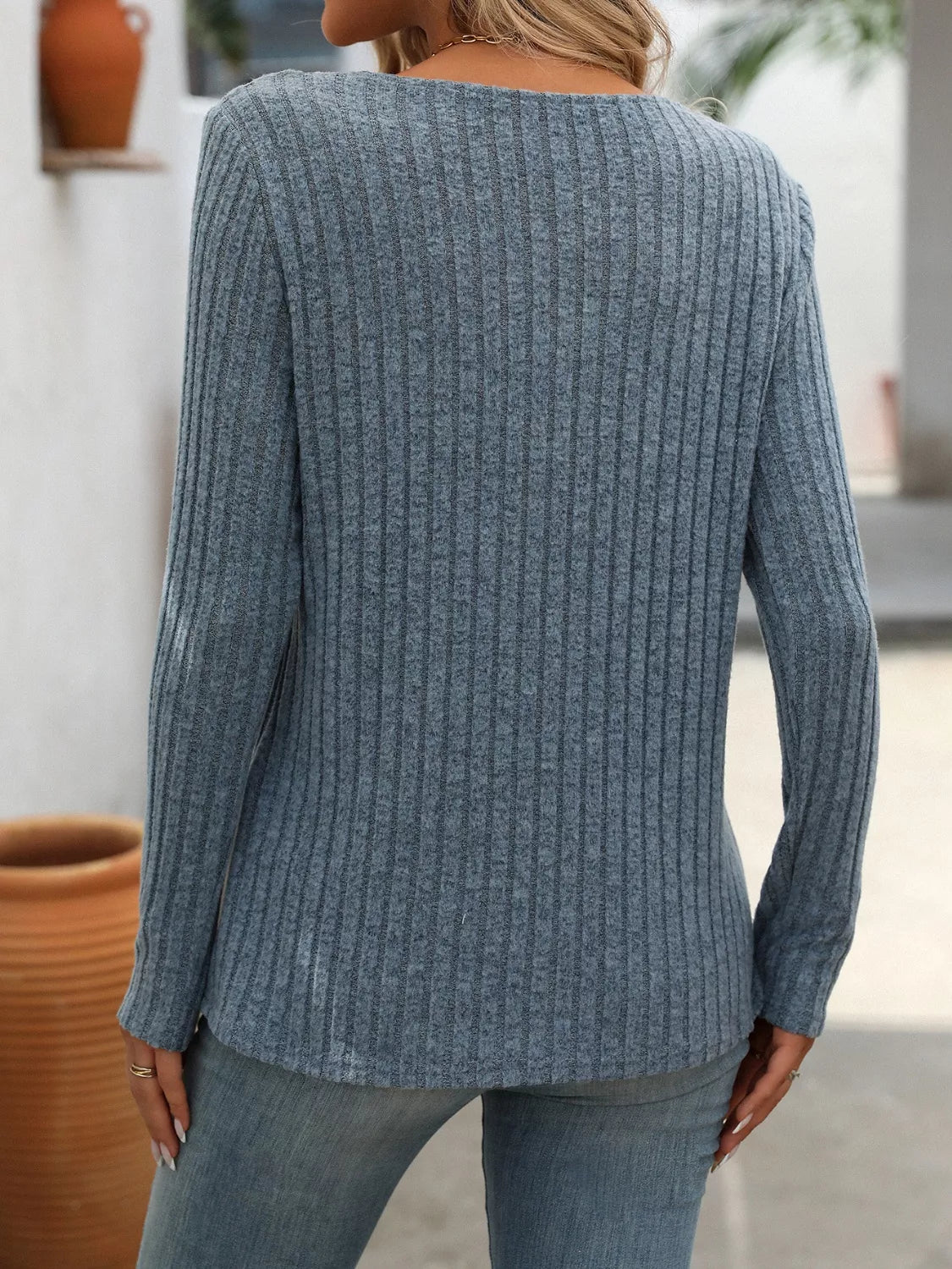 Ribbed Knit Long Sleeve Button Detail Sweater